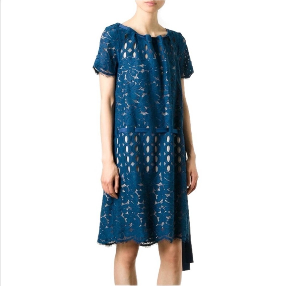 Lanvin Teal Blue Lace‎ Drop Waist Flapper Dress US 8 Gatsby Art Deco Retro Chic